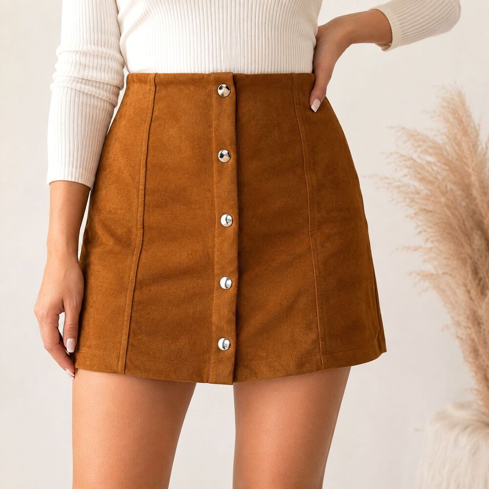 HAVE LA Brown Faux Suede Mini Skirt Western Boho 70s Mock Button/Snap Front M